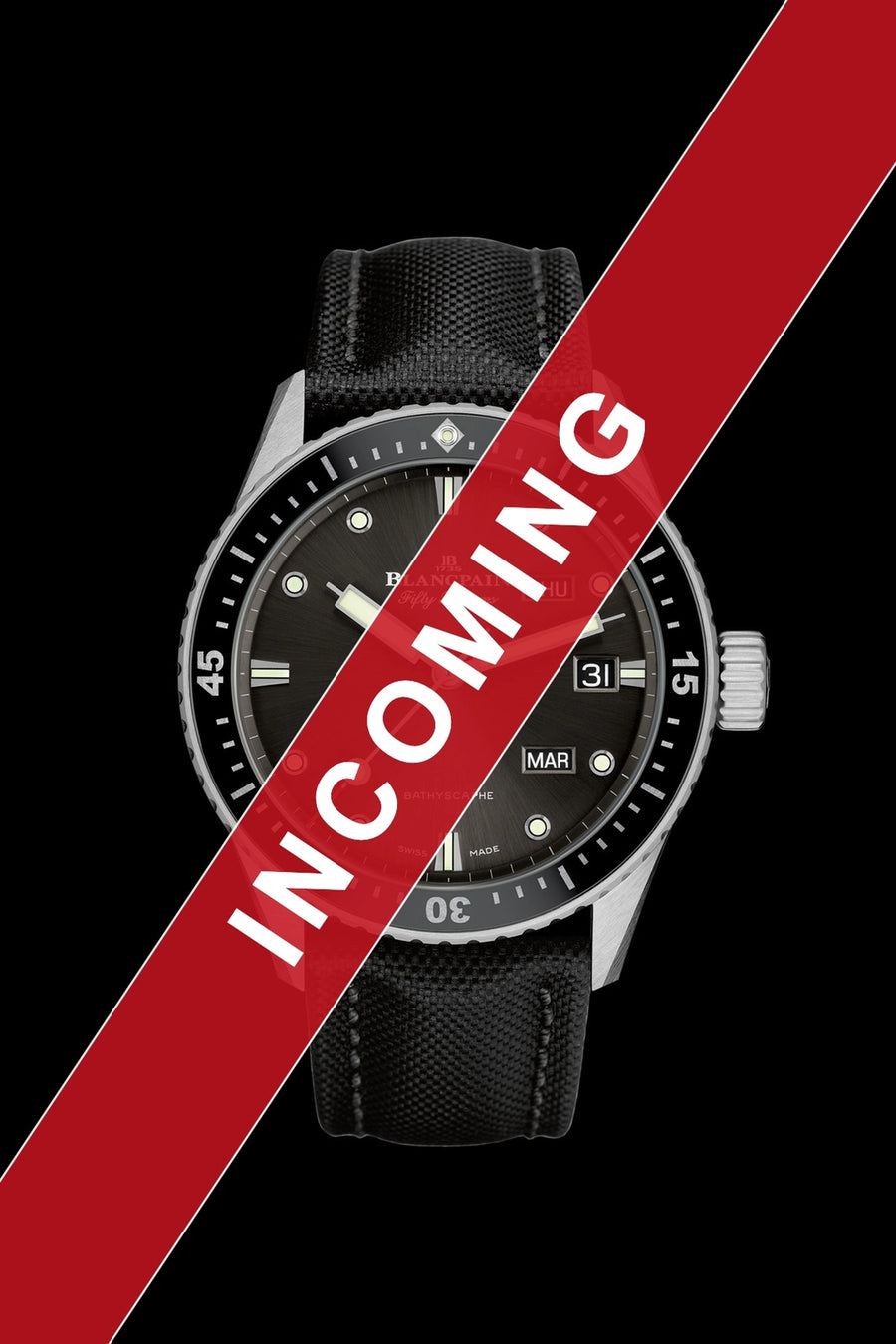 My Store Blancpain Fifty Fathoms Bathyscaphe Quantième Annuel Grey meteor Dial on Black Canvas Strap 50711110B52A Card , front view