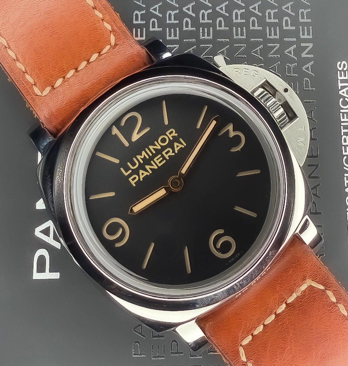 My Store Panerai Luminor 1950 3 Days Black Dial on Brown Leather Strap PAM 00372 Complete 2013