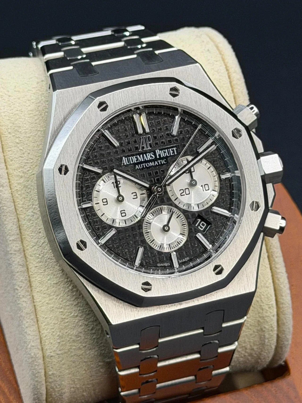 Grey dial chronograph with an octagonal bezel and steel bracelet