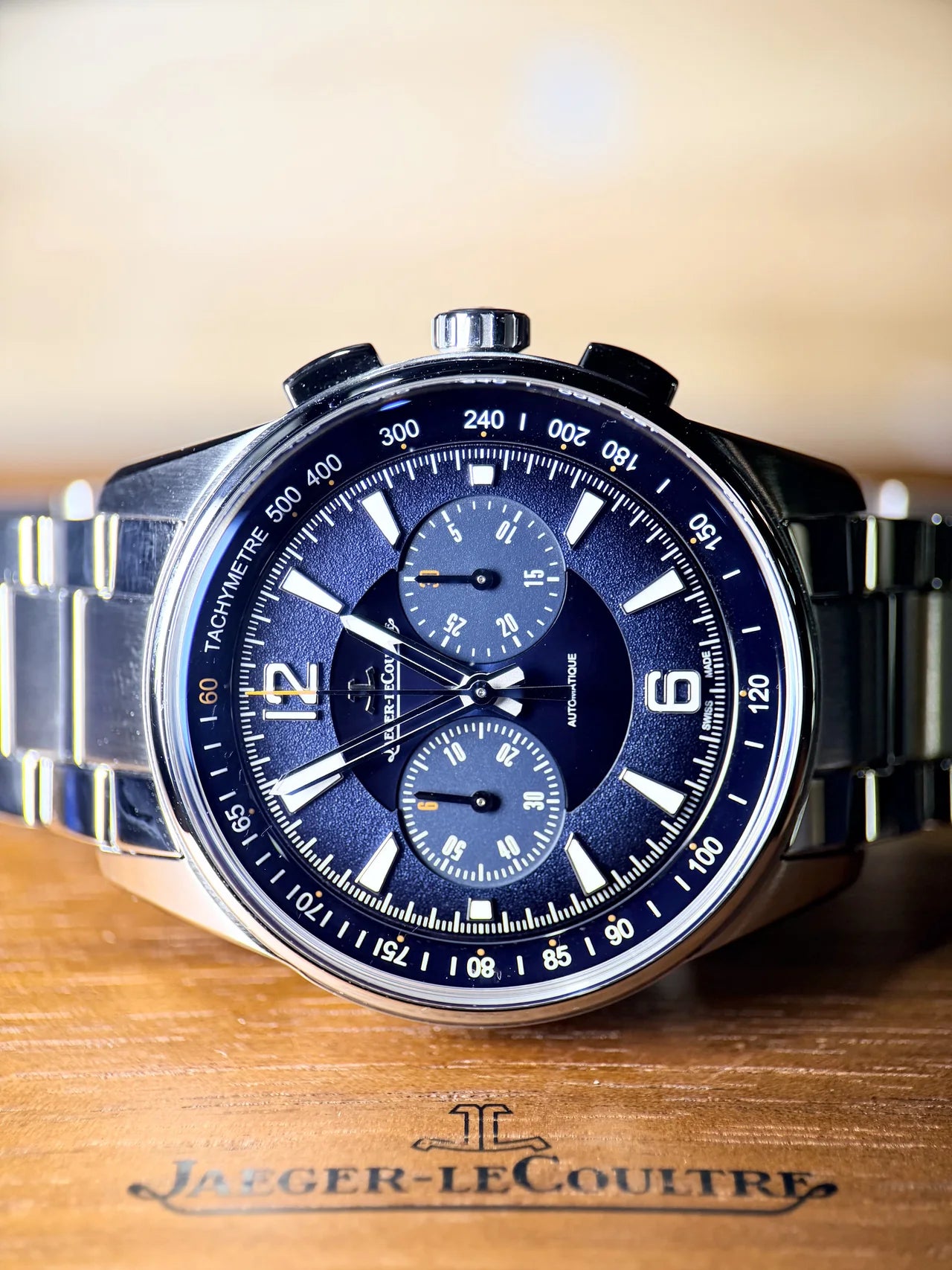 Blue dial chronograph on a steel bracelet